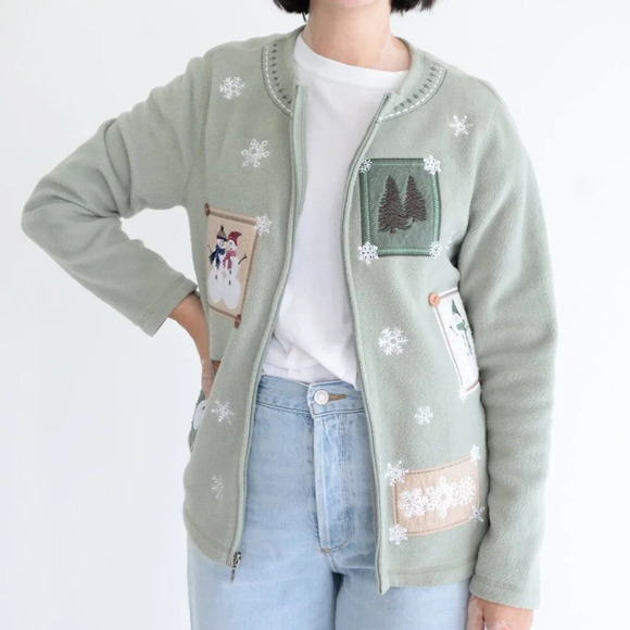 Vintage Croft & Barrow Sage Embroidered Snowman Christmas Zip Fleece Cardigan M - Picture 1 of 11